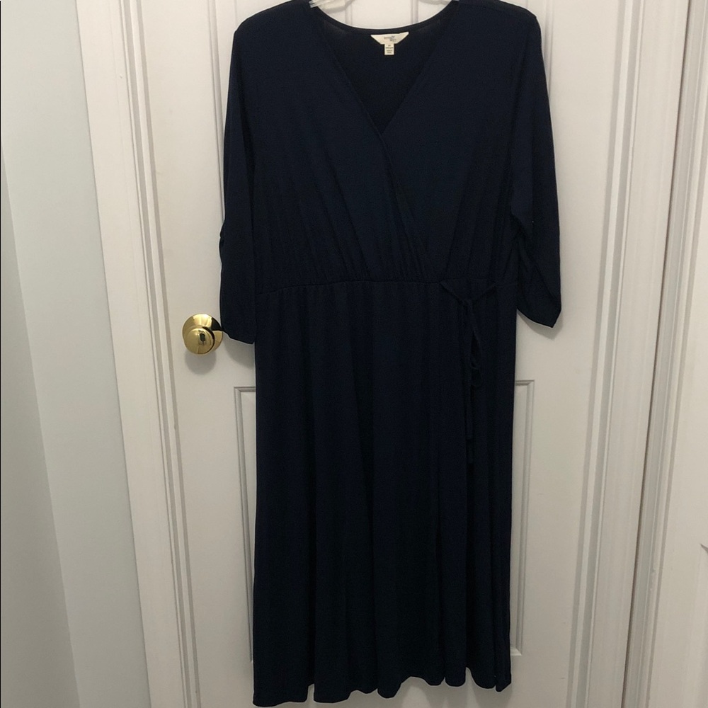 Terra & Sky Navy Wrap-Style Midi Dress with Tie